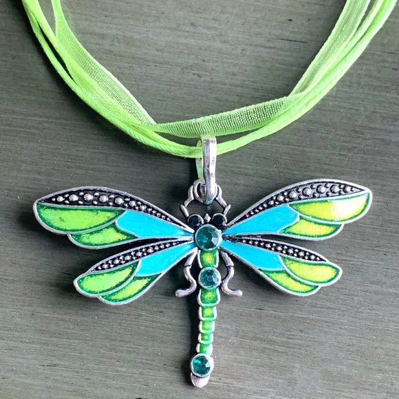 Spring Multicolor Dragonfly Rhinestone Pendant Organza Cord Adjustable Necklace - Picture 10 of 15